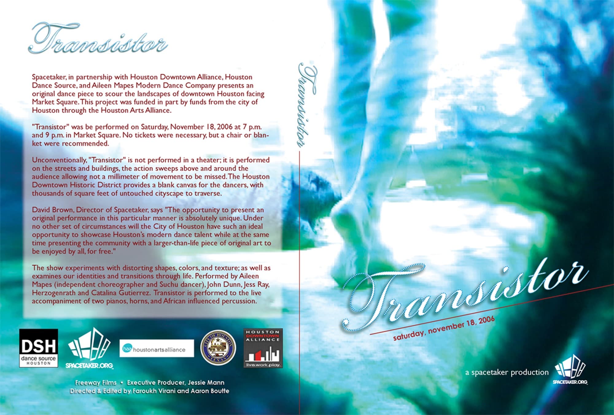 Front-and-back promotional artwork for Spacetaker's Transistor program.